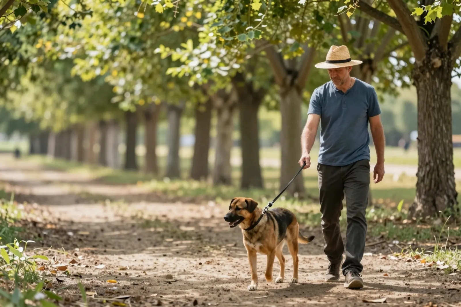 Istruttore e cane su un campo erboso con alberi sullo sfondo